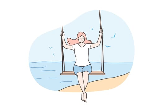 Travelling, summer vacation concept. Young happy woman or girl traveler tourist cartoon character swinging at ocean coast. Summer rest fun or recreation on sea beach and active lifestyle illustration.