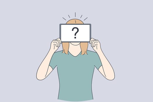 Self identity, Anonymity, uncertainty concept. Unrecognisable woman standing with invisible face and question mark instead of head like mask vector illustration