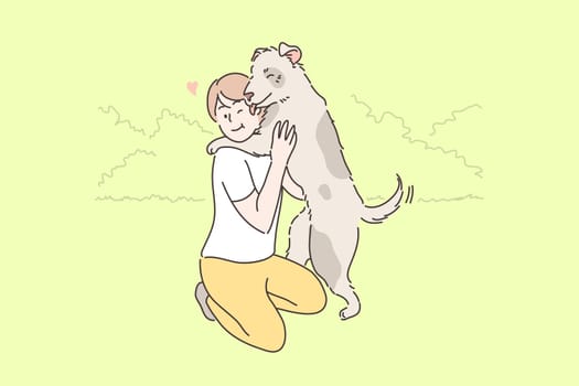 Child playing with dog concept. Young boy child kid owner cartoon character hugging embracing with happy pet puppy licking face in park outside. Summer leisure time animal love or devoted friendship.