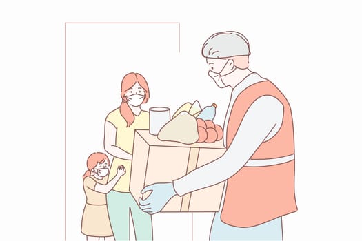 Food delivery, family quarantine, covid19 coronavirus infection, concept. Man supplier gives food to woman mother with daughter child in medical face masks. Home food delivery on 2019 ncov lockdown.