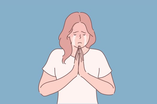 Religion, praying, begging concept. Young unhappy desperate woman or girl cartoon character begging for mercy crying and holding palms together in prayer. Asking or request or god faith illustration.