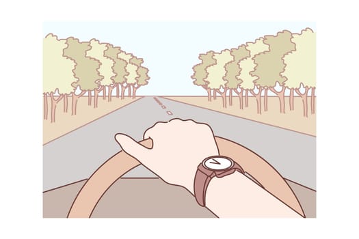 Travelling, road, tourism concept. Human traveller tourist rider cartoon character driving car vehicle moving on highway. Vacation weekend trip and holiday adventure with active lifestyle illustration