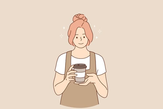 Coffeeshop and cafeteria concept. Young smiling woman barista cartoon character working at cafeteria standing and smiling holding coffee for clients vector illustration