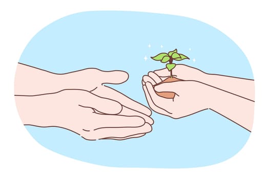 Ecology, environment, biology charity, earth day concept. Human character hands holding and passing sapling or plant. Nature protection and bilogical enviromental friendly care or new life symbol.