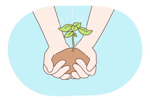 Ecology, charity, environment, earth day concept. Human character hands holding growing sapling or plant. Nature protection and bilogical enviromental friendly care or new life symbol illustration.