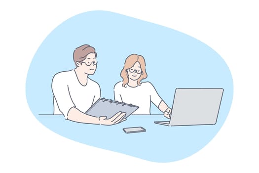 Teamwork, analysis, partnership, discussion, meeting, business concept. Team of young businesspeople colleagues coworkers partners working together. Brainstorming project assistance illustration.