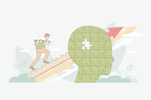 Self development, improvement and personal growth concept. Businessman cartoon character climbing up ladder through human brain with messed piece forward up vector illustration