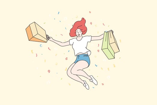 Success, shopping, purchase concept. Young happy cheerful woman or girl shopaholic cartoon character jumping with shop bags. Joy for buying sale goods, commercial discounts for customers illustration.