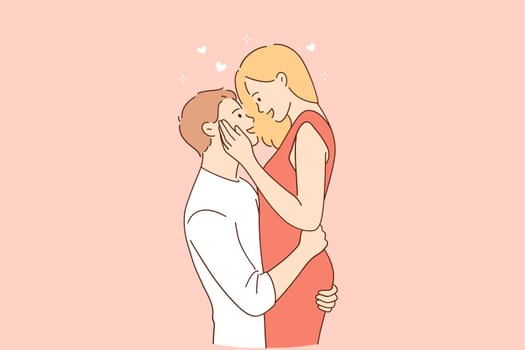 Love, couple, relations dating concept. Man hugging beloved woman while standing on natural landscape outdoors vector illustration