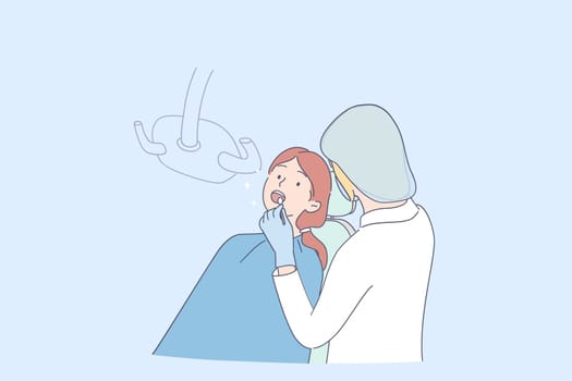Dentistry and somatology concept. Woman dentist in working uniform and gloves making checkup for young girl patients teeth in medical dental clinic office vector illustration