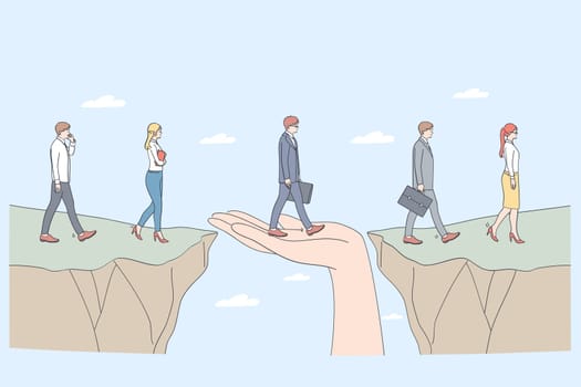 Protection and partnership concept. Human hand helping business people to step from one side to another supporting as help service assistance with insurance care vector illustration