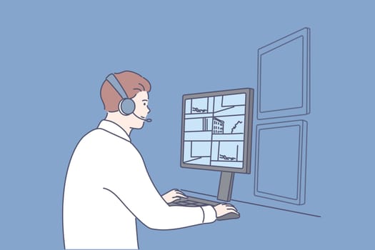 Security, surveillance, safety concept. Young man or boy safeguard operator cartoon character sitting at computer display and monitoring perimeter. Video observation and safety provision illustration.