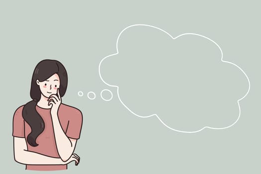 Serious facial expression, memory, thinking concept. Brunette woman carton character standing looking pensive trying to remember something with blank speech bubble illustration on grey wall