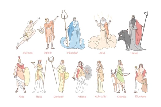 Ancient greek gods set concept. God pantheon in Greece Hermes, Apollo, Poseidon, Zeus, Hades, Ares, Hera, Demeter, Athena, Aphrodite, Artemis and Dionysus. Religious simple flat vector illustration.