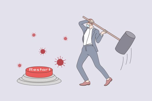 Restarting business after COVID-19 lockdown concept. Businessman in medical face mask reopening company using huge hammer to hit emergency restart button during coronavirus pandemic illustration