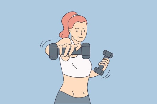 Workout and sports training concept. Cheerful smiling fitness woman cartoon character in sportswear standing and doing workout with dumbbells vector illustration