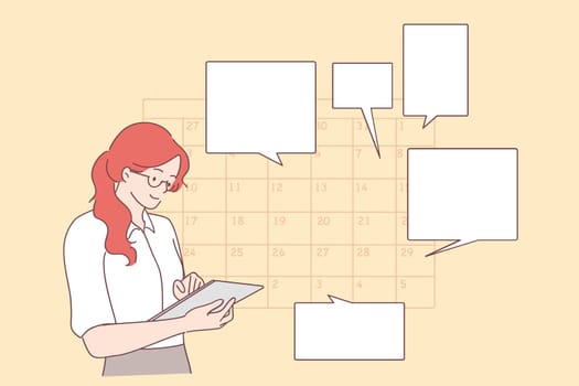 Time management, schedule, planning concept. Young positive businesswoman planning day scheduling appointment in calendar, sending messages, adding event, putting reminders in tablet
