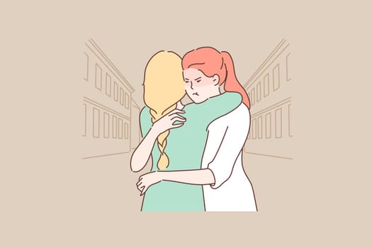 Deception, jealousy, envy, friendship concept. Young envious, jealous woman with dissatisfied angry facial expression embracing old friend and thinking about deceit. Distrust between close relatives.