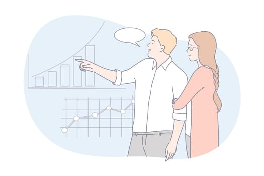 Coworking, teamwork, business presentation concept. Business people do teamwork or coworking on business presentation. Young businessman shows company profit growth, diagram or chart to woman boss.