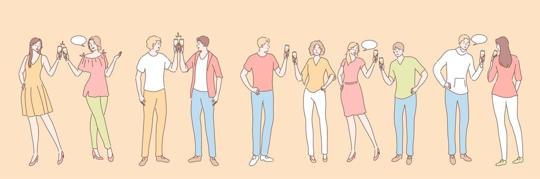 People with alcohol drinks set concept. Group of young people men women boy girls with alcoholic drinks beverages together. Collection of happy talking students friends with champagne. Party lifestyle
