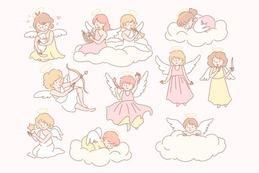 Set of baby angels cupidon concept. Group of little baby, kids with wings on clouds. Collection of happy childs angels with trumpet, bow, arrow, harp, trumpet, star. Valentines day. Simple flat vector