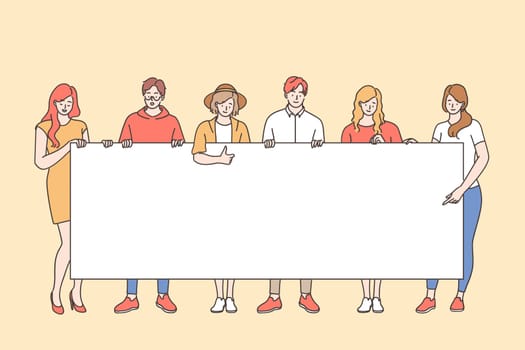 Protesters or activists concept. Group of young men and women cartoon characters standing together and holding white blank mockup banner in hands during taking part in parade or rally illustration