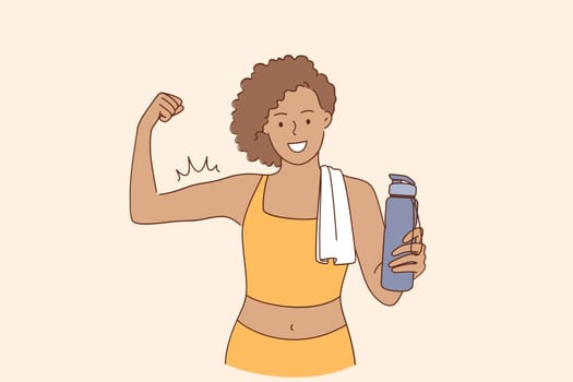 Active lifestyle and workout concept. Cheerful fitness woman cartoon character in sportswear standing after workout athlete showing power and biceps vector illustration
