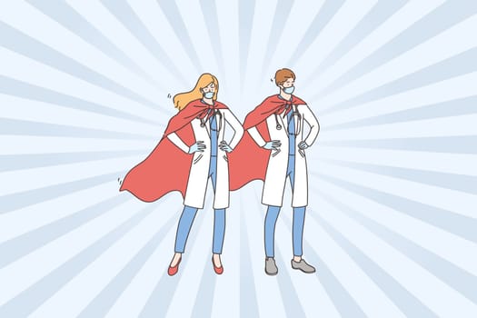 Doctors heroes during COVID-10 concept. Young couple man and woman super doctors wearing wearing medical face masks and capes standing and feeling confident during epidemic illustration