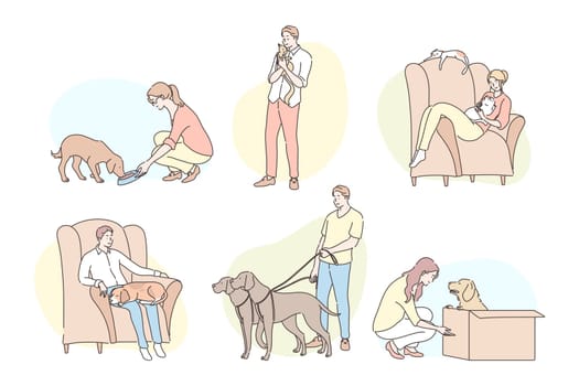 People with pets set concept. Collection of different young people owners, men women boys girls spending time with their pets, cats and dogs. Love and care, lifestyle. Simple flat vector illustration.