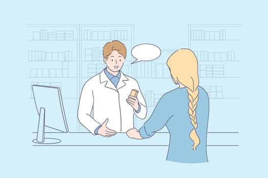 Pharmacy and drugstore concept. Young smiling pharmacist doctor cartoon character consulting woman patient customer in drugstore vector illustration