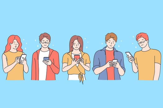 Online chatting and typing concept. Young smiling boys and girls cartoon characters chatting and communicating online on smartphones by messenger and dating online vector illustration