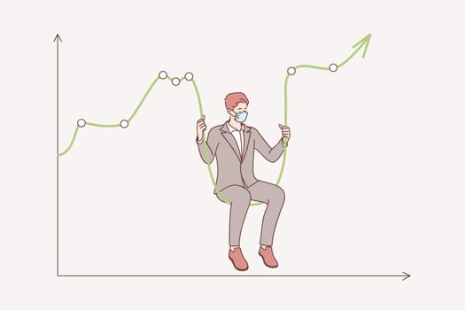 Stock market crash during coronavirus concept. Businessman wearing medical face mask sitting on market low graph as swing, high volatility asset price swing in Coronavirus outbreak crisis illustration