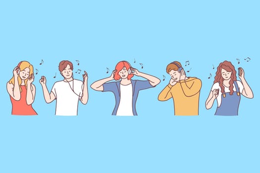 Enjoying music and listening audio concept. Young smiling people teens cartoon characters listening to music and enjoying songs with headphones vector illustration