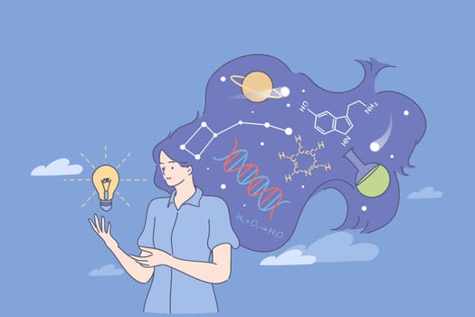 Physician or chemistry worker concept. Young woman scientist standing with light bulb and chemical symbols in hair having occupation as experimental chemistry manager or researcher illustration