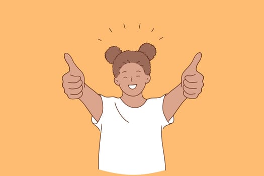 Happiness, happy childhood, positive emotion concept. Smiling cheerful girl african american standing and showing thumbs up signs with fingers over orange background vector illustration