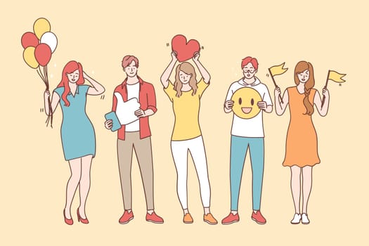 Positive thinking and emotions concept. Smiling happy young people cartoon characters standing in line communicating positive thoughts and feelings to each other vector illustration