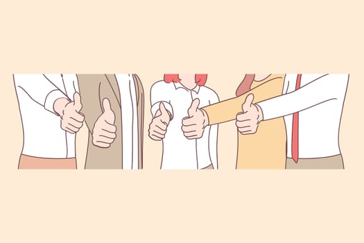 Success, teamwork, cooperation concept. Group of business people workers standing together and showing thumbs up signs with fingers in office vector illustration
