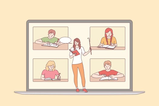 Elearning and online education concept. Laptop screen with young woman teacher and sitting and learning lesson pupils listening to lesson course online vector illustration