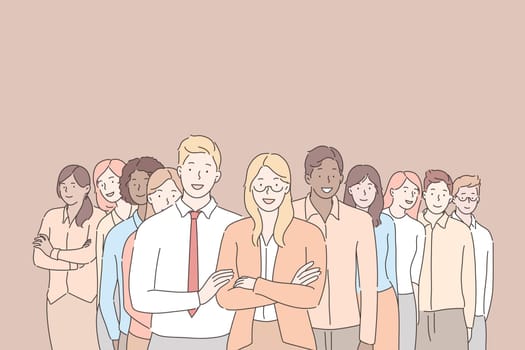 Leadership, coworking, business concept. Group of young happy businesspeople, boys, girls coworkers, businessmen woman leader standing together in office. Team collaboration, clerks and managers.