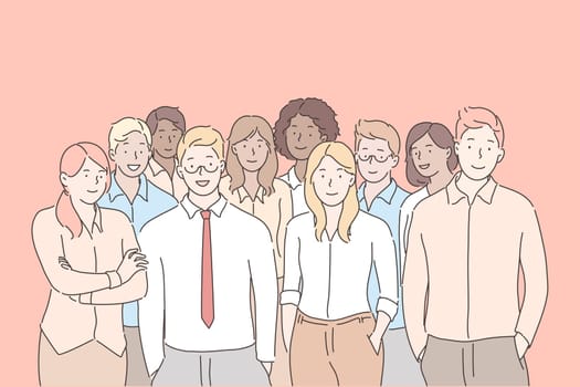 Company staff, team, business concept. Team of young company staff boys, girls standing together in office. Partnership or collaboration of happy businessmen and women, leadership. Simple flat vector