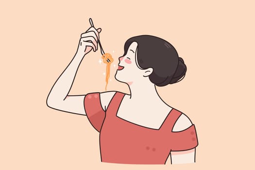 Italian cuisine and tasty eating concept. Young smiling woman cartoon character in red dress standing holding fork with spaghetti eating pasta vector illustration