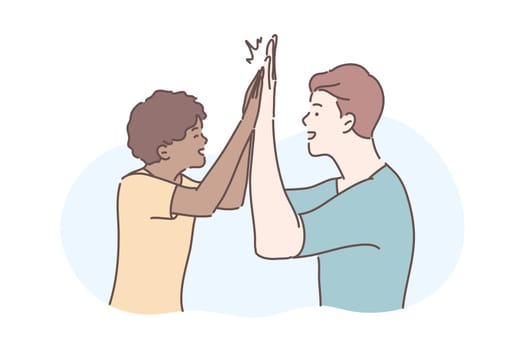 Friendship, informal greeting concept. Illustration of international friendship. Informal greeting, communication in cartoon style. Young cheerful guy gives high five to his friend