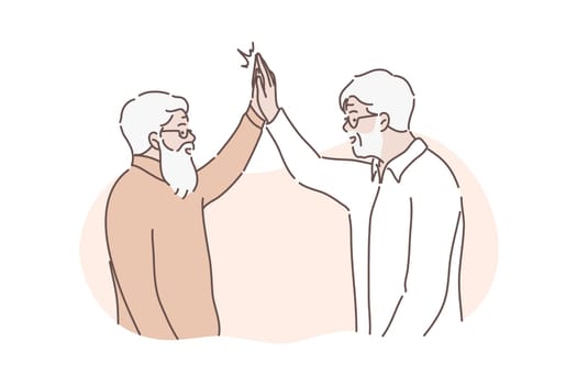 Friendly greeting concept. Happy old men friends are together and greet each other with high five. Illustration of true friendship. Two pensioners are excited meet each other. Simple flat vector