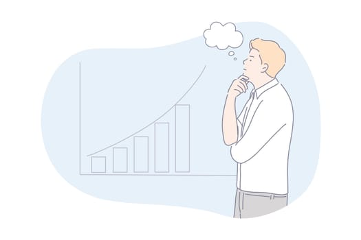 Brainstorming, analysis, business concept. Young businessman is thinking about company data index. Thoughtful boy with dream bubble do brainstorming and analyzing company profit growth. Simple vector