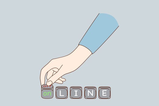 Turning Online to offline concept. Human hand turning dices and changing words online to offline meaning recovery from epidemic vector illustration. New normal during pandemic of coronavirus