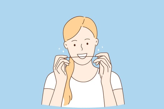 Dental hygiene and teeth flossing concept. Smiling young woman standing using tooth floss cleaning perfect white teeth vector illustration
