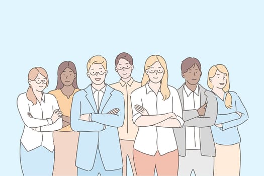 Team of businesspeople, teamwork, collaboration concept. Group of young businesspeople, business men, women standing together united by coworking, teamwork in office. Collaboration of clerks, managers