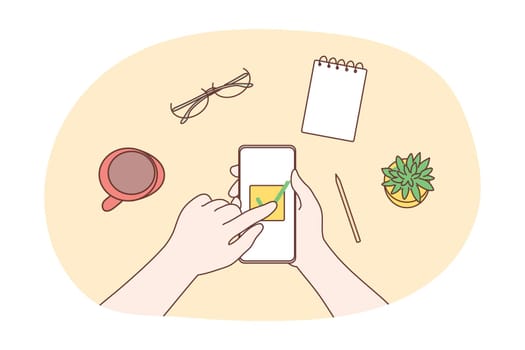 Technology, social media, business concept. Human businessman character hands use mobile phone in office workplace for network communication online purchasing. Wireless shopping payment confirmation.