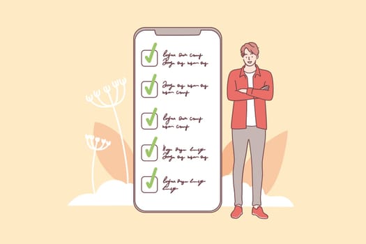 Successful task completion and time management concept. Young smiling man cartoon character standing near smartphone screen interface with completed tasks and duties vector illustration