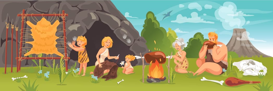 Prehistoric people at stone age concept. Ancient primeval young and adult cave people, doing daily routine together in prehistoric era. Life in stone age in cartoon style. Vector flat design elements.